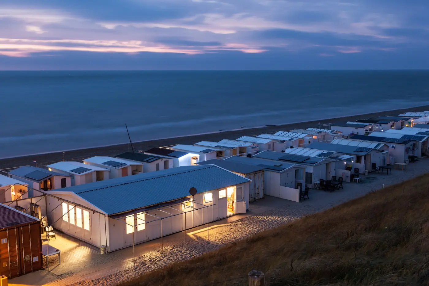 Holiday park with static caravans at night time